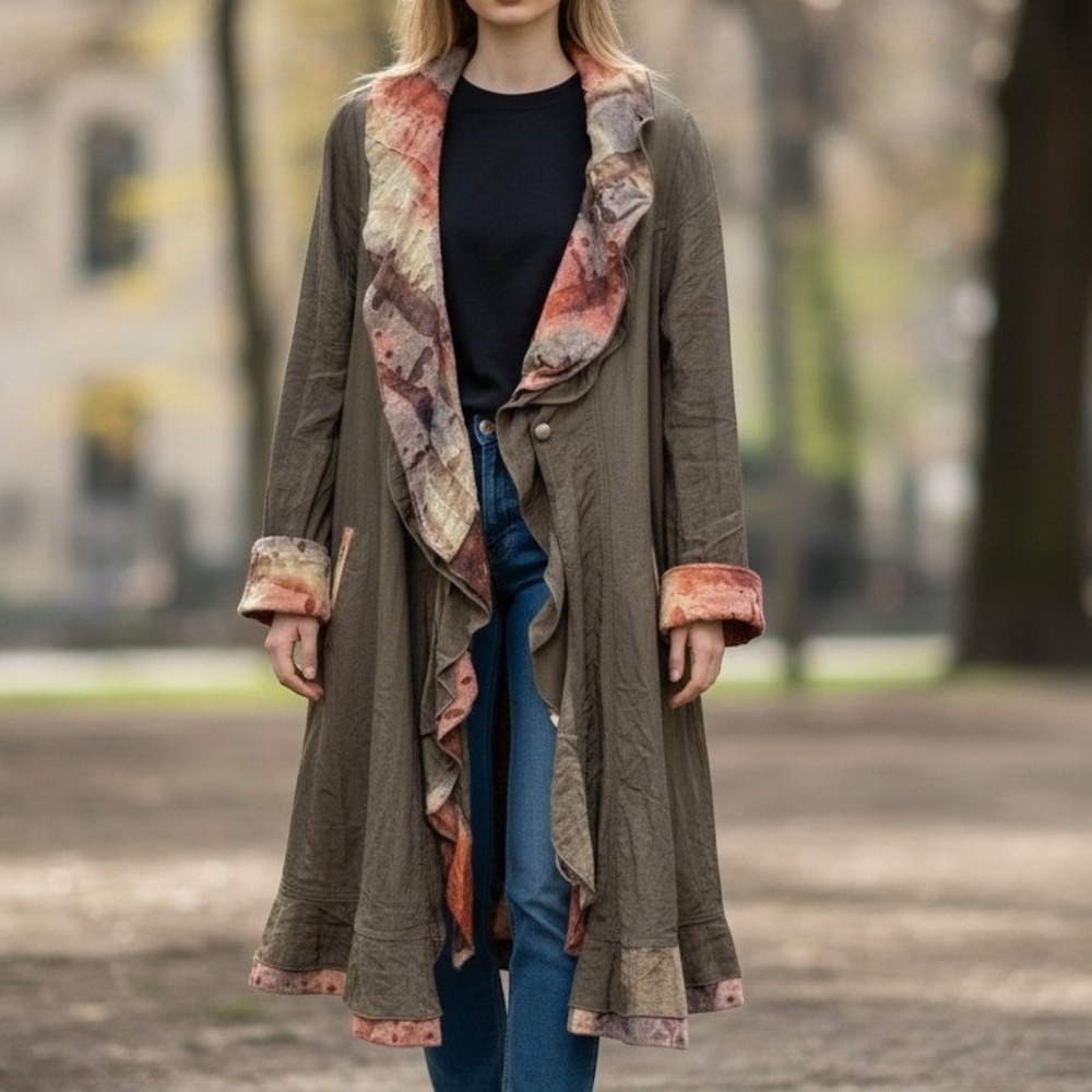 Design Today's Womens Duster Coat Crinkle Artistic XL Brown Art to Wear Jacket